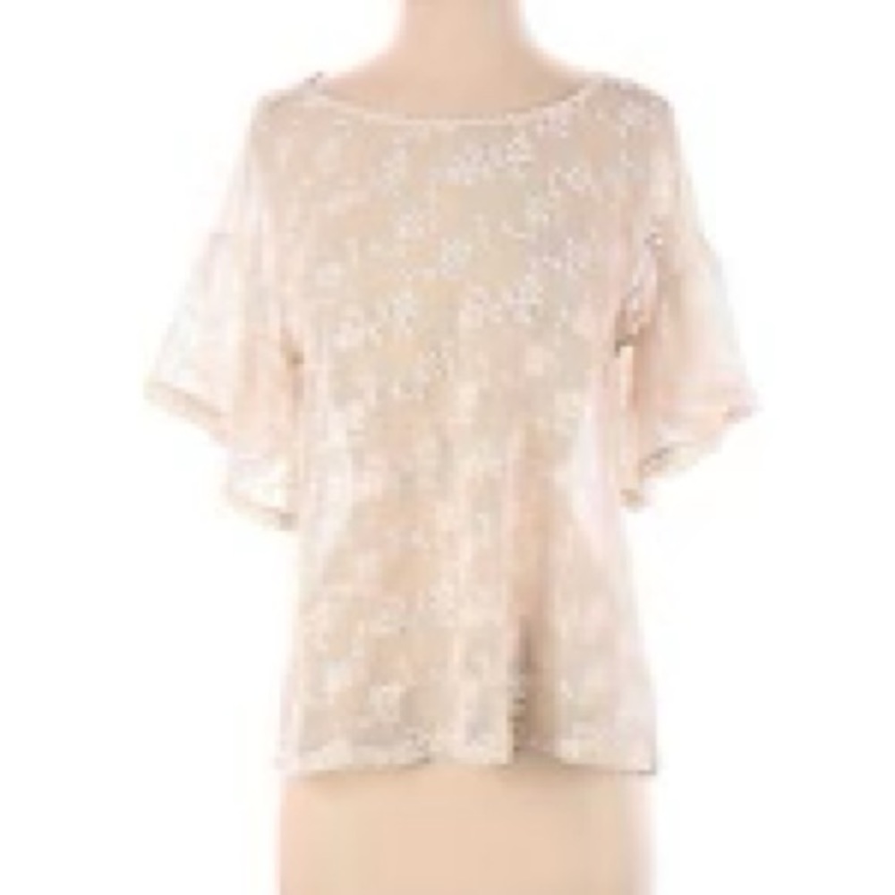 Democracy Beige Floral Lace Short Sleeve Top